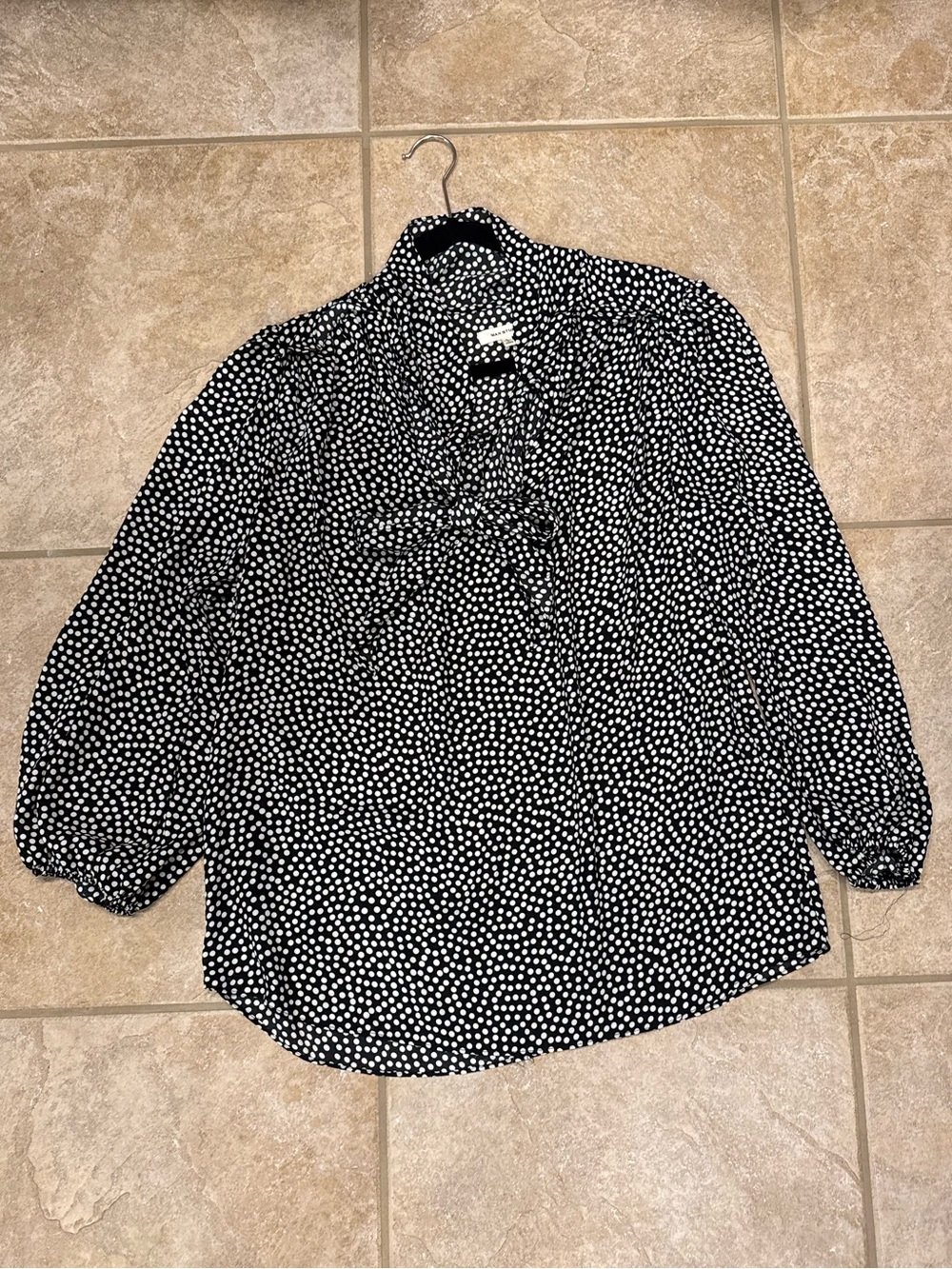Max Studio Black and White Dot Blouse with Ruffle Neck